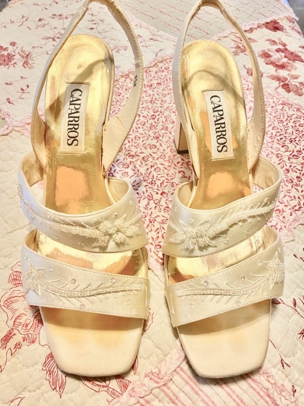 Caparros cream Satin beaded, sequin embroidered Slingback Heels 9 1/2 B
